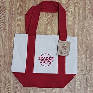 Trader Joe's Mini Canvas Tote Bag Cream Red Embroidery